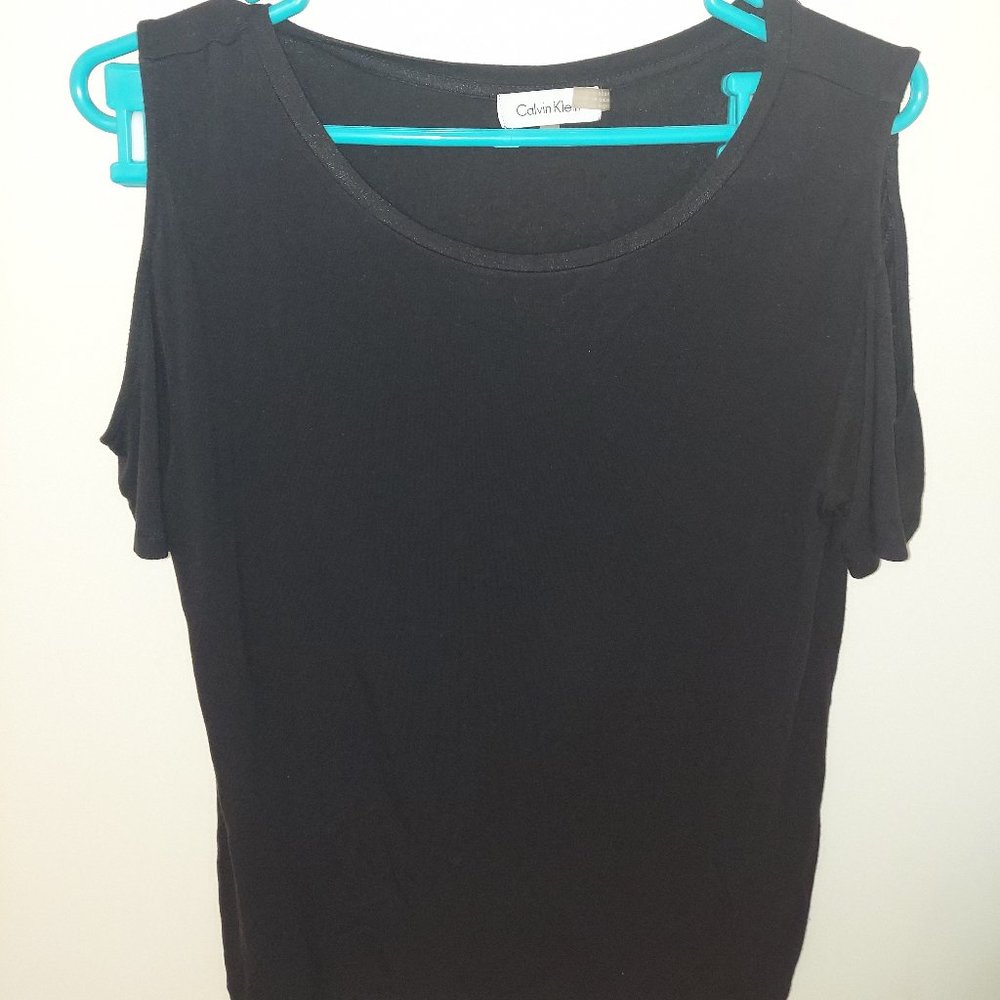 Calvin Klein Women Cold Shoulder Top Short Sleeve Shirt Size S Black